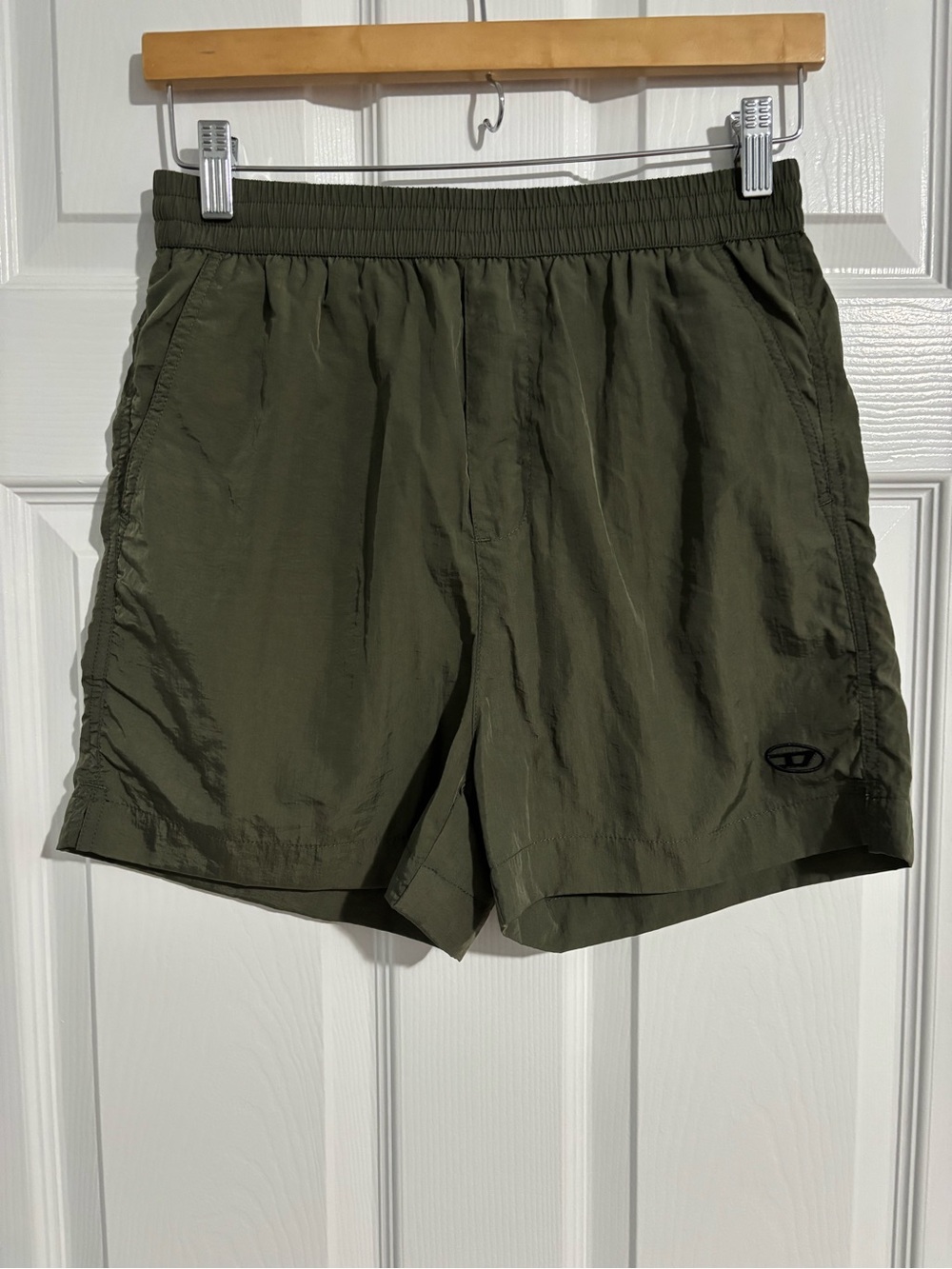 Diesel Olive Green Parachute Shorts with Red Tag Detail Size S